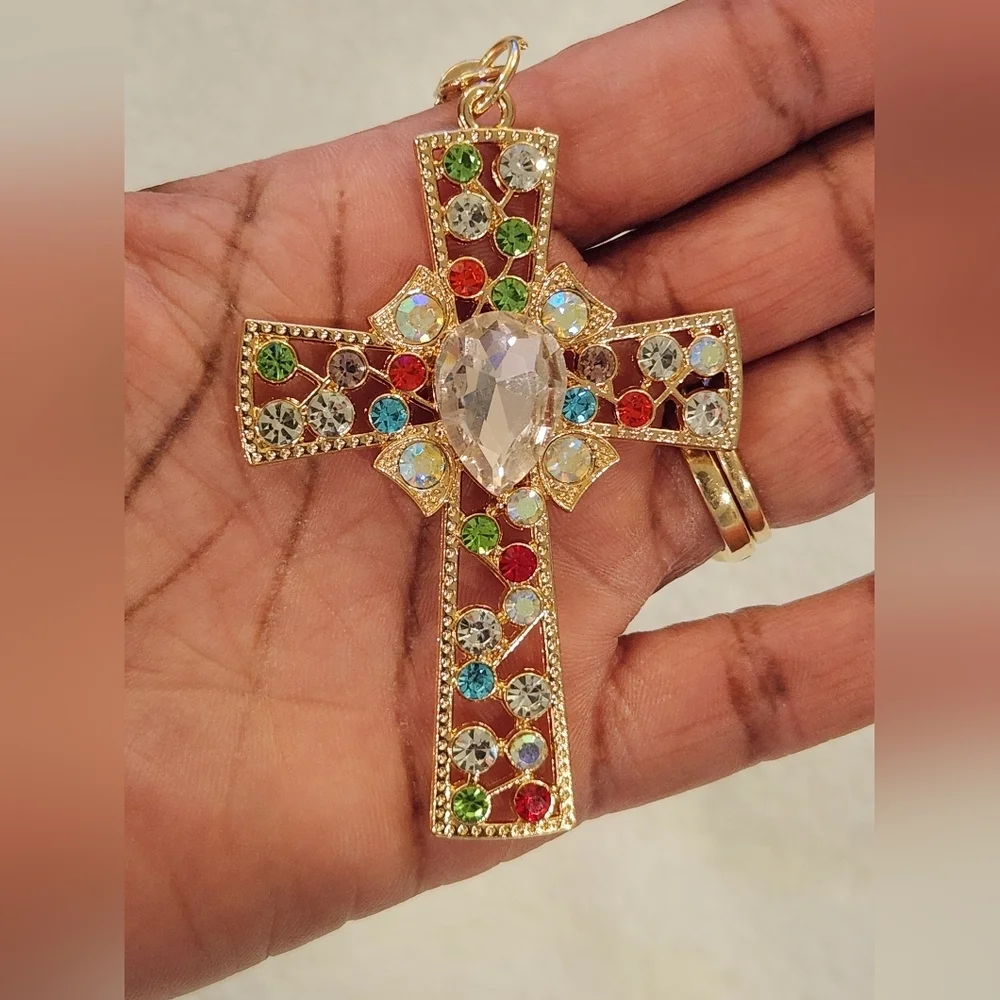 Gold Cross Keychain with Colorful Gems Bag Charm